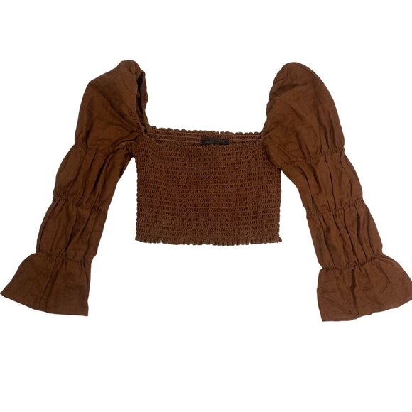 Reformation Maple crop top brown linen blend smocked square neck puff sleeve XS - Picture 4 of 9